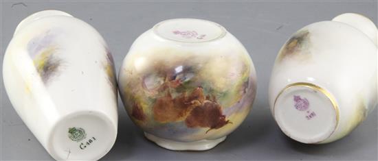 Harry Stinton for Royal Worcester. Three Highland cattle painted vases, first half 20th century, height 6.8cm - 12cm